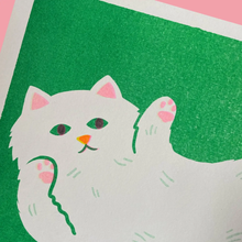 Load image into Gallery viewer, Stretching cat riso print, Naomi Wilkinson
