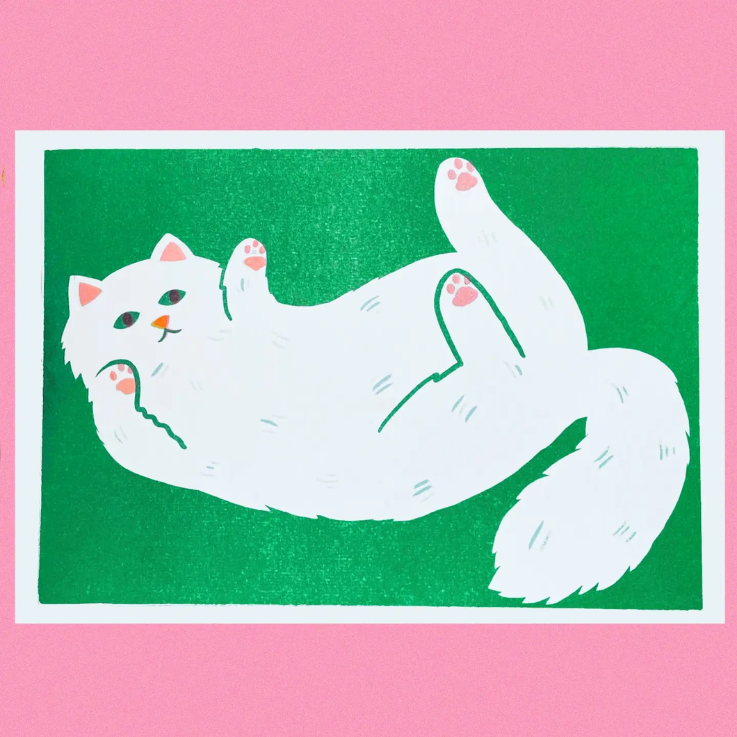 Stretching cat riso print, Naomi Wilkinson